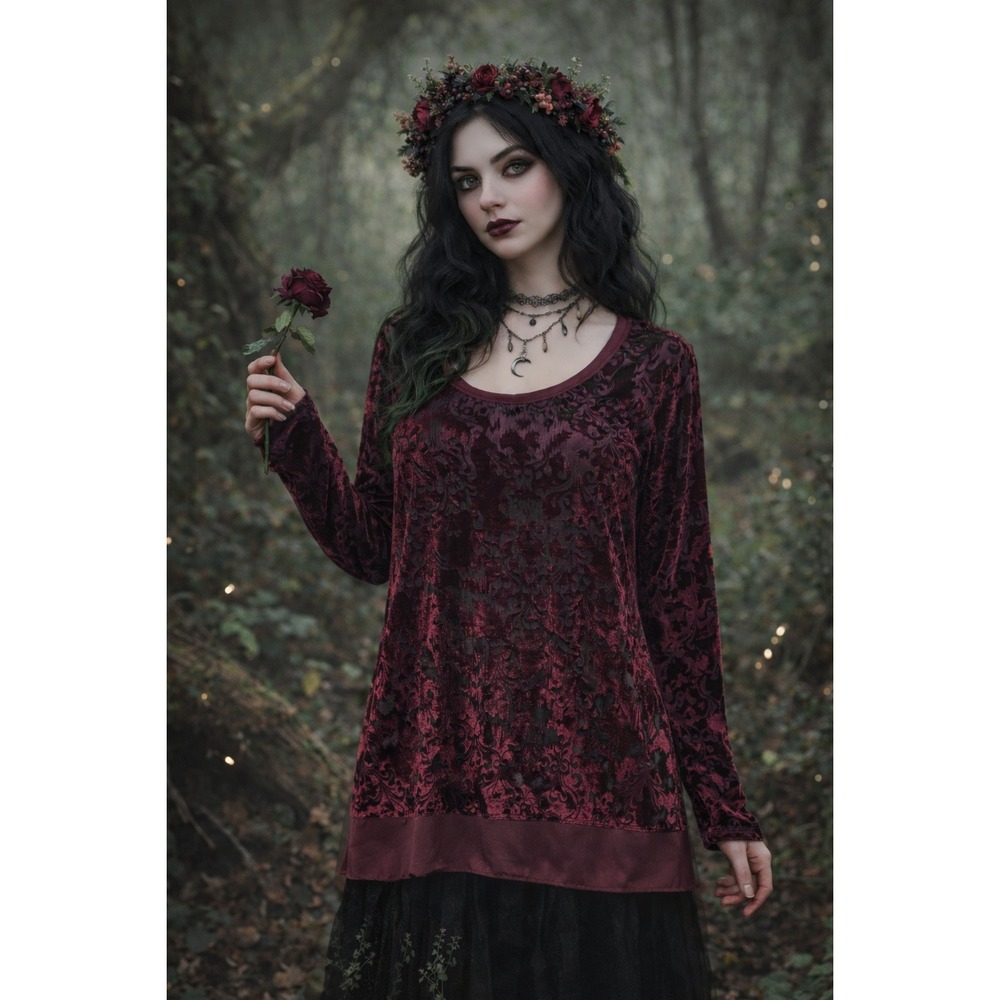 Y2K Velvet Burnout‎ Tunic PL Burgundy Damask Sheer Hem Whimsigoth Dark Coquette